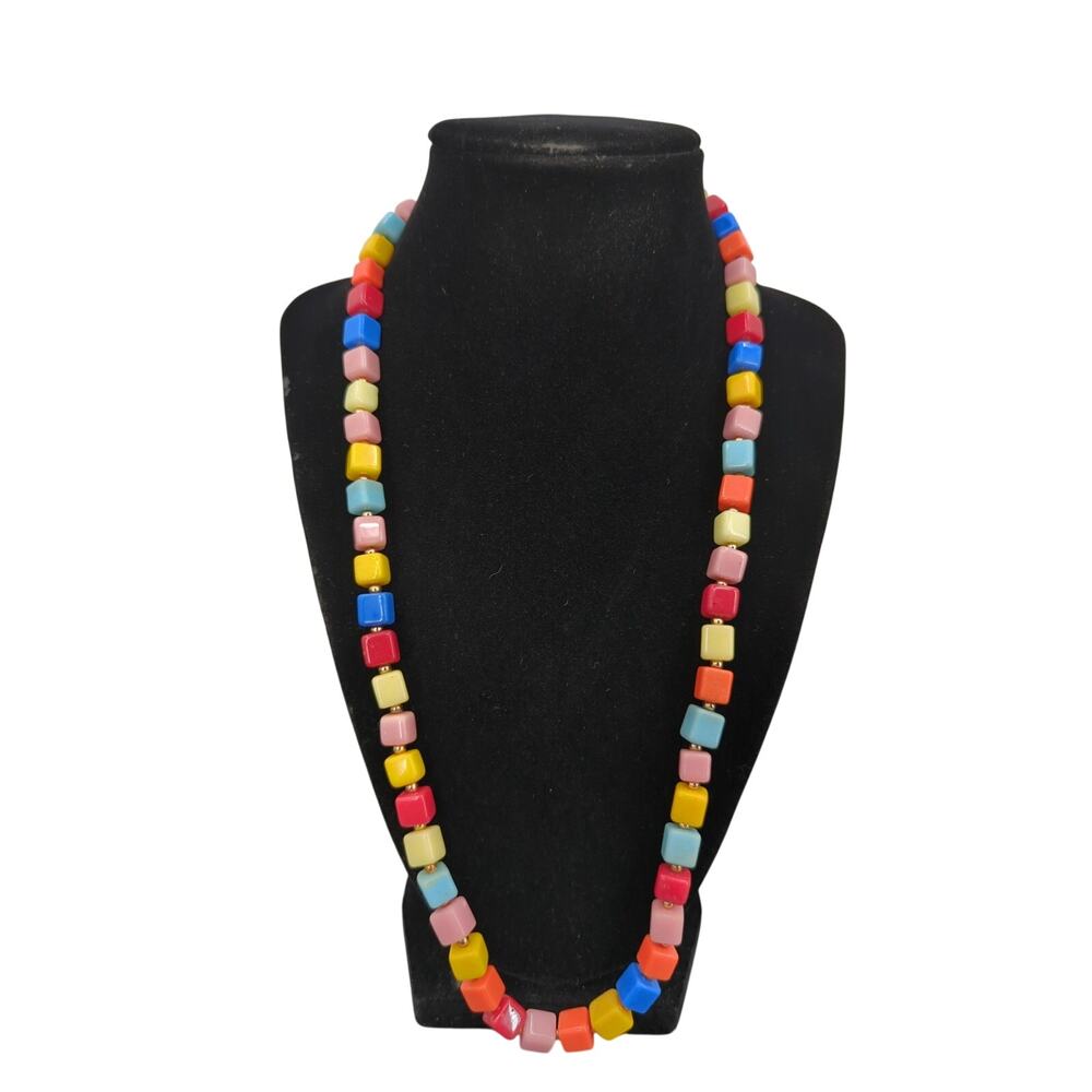 Vintage Fashion Necklace 1980s Multi-Color Pastel Geometric Cube Bead